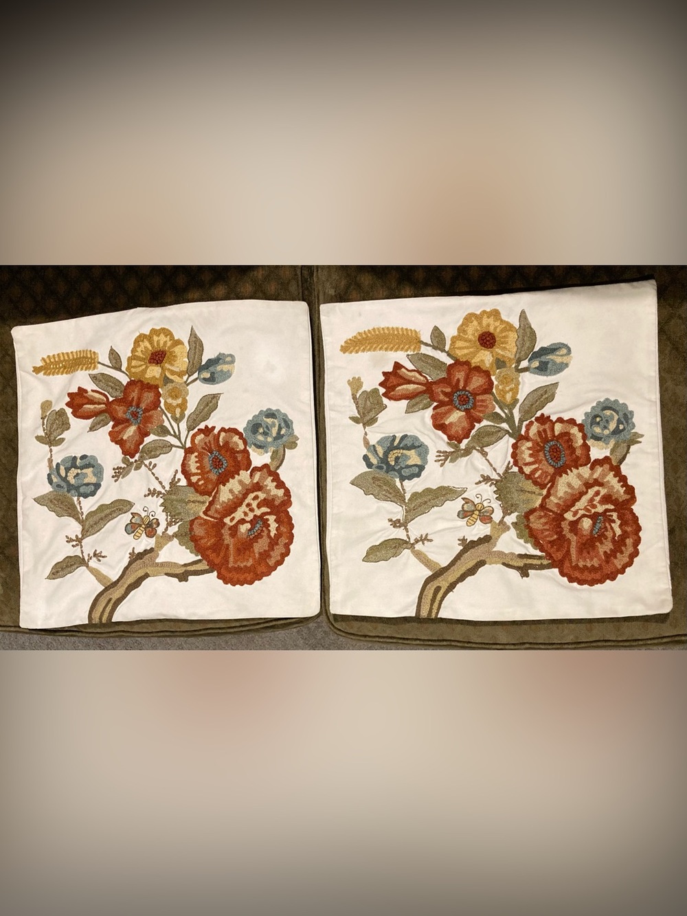Pottery Barn Set 2 Crewel Embroidered Floral Bee Pillow Covers